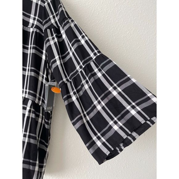 A.N.A Black/White Plaid Tiered Peplum Blouse w/ Bell Sleeved sz Large NWT - Picture 2 of 5